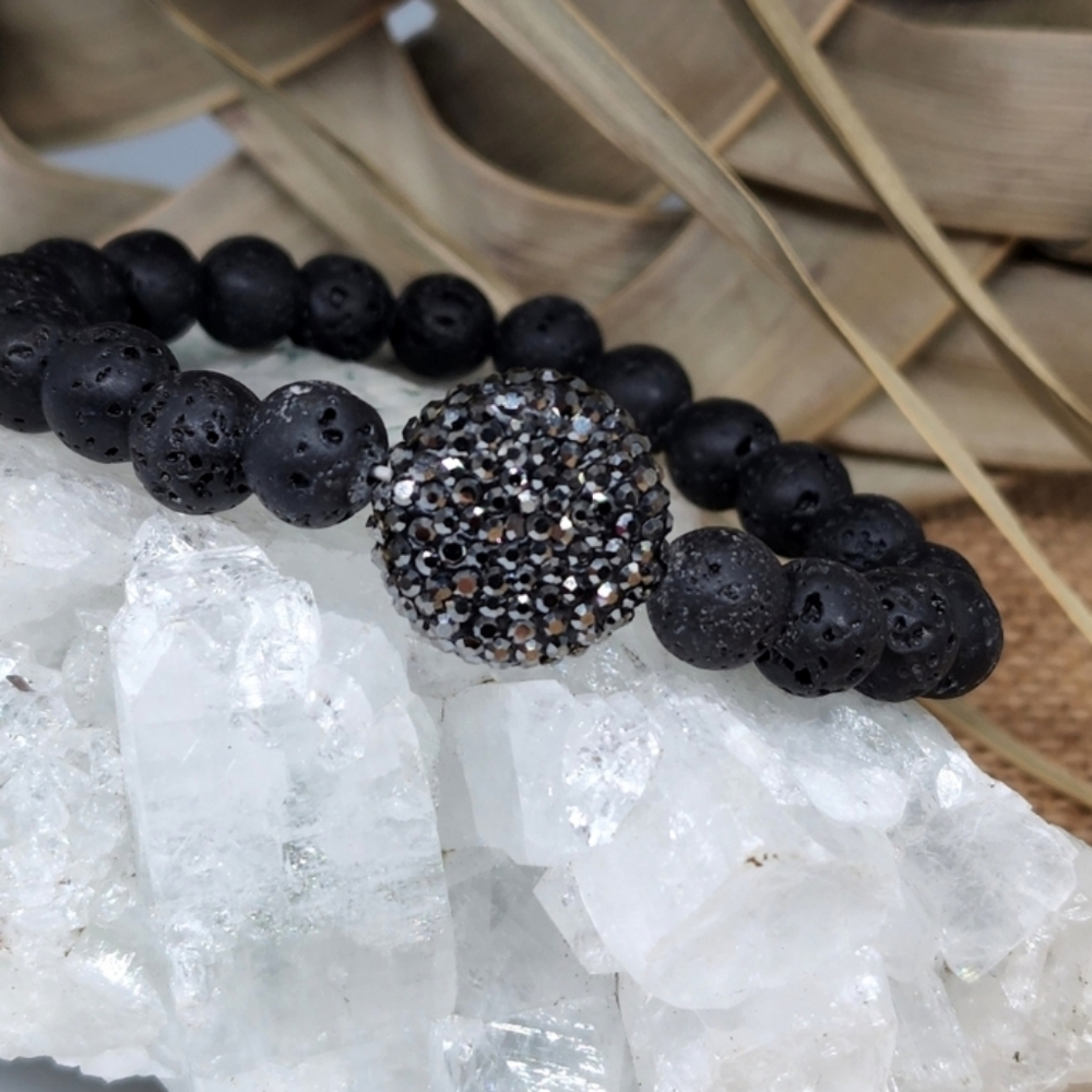 Large Natural Lava Stone PaveCrystals Beaded Natural stones Bracelet